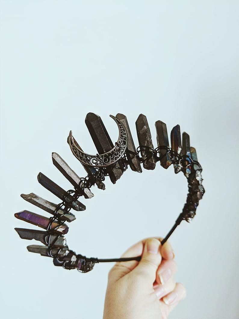 Handmade Moon Quartz Crystal Crown Headband for Women Witch Rhinestone Gothic for Engagement Mermaid Party Fairy Birthday