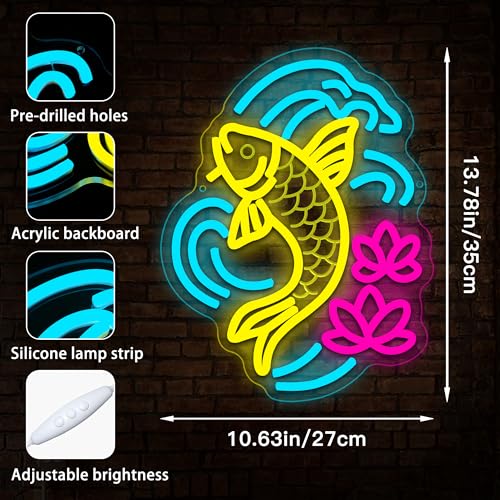 Image of Koi Fish Neon Sign for Wall Decor Japanese LED Light for Man Cave | Dimmable, japanese style wall art, living room decor, bar ornament, party decor, ideal birthday gift, size 13.7*12.2 In