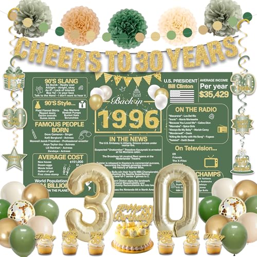 Image of Crenics Green and Gold 1966 30th Birthday Decorations for Him Her | Back in 1996 Backdrop, Banner, Paper Pom Poms, Hanging Swirls, Cake Topper and Balloons for 30 Birthday Party Supplies