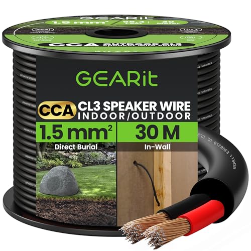 Image of GEARit 2x1.5mm² Speaker Cable, CL3 In-Wall Rated CCA Speaker Wire, 16AWG 2 Core Audio Cable for Home Cinema, Outdoor Direct Burial, Garden Speakers and Car Stereo- 30M, Black