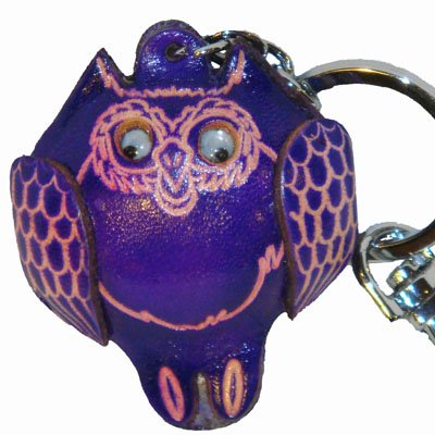 A Pair Of Real Leather Fat Owl Key-Chain, Handcrafted Owl Charm, Brown And Purple #TOP4