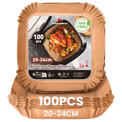 KitchenBoss Airfryer Backpapier für Heißluftfritteuse: 100 Stück 20-24cm Air Fryer Backpapier Antihaft Wasserdicht Ölfest Einwegschalen Luftfritteuse Pergamentpapier Liner für COSORI Ofen Mikrowelle