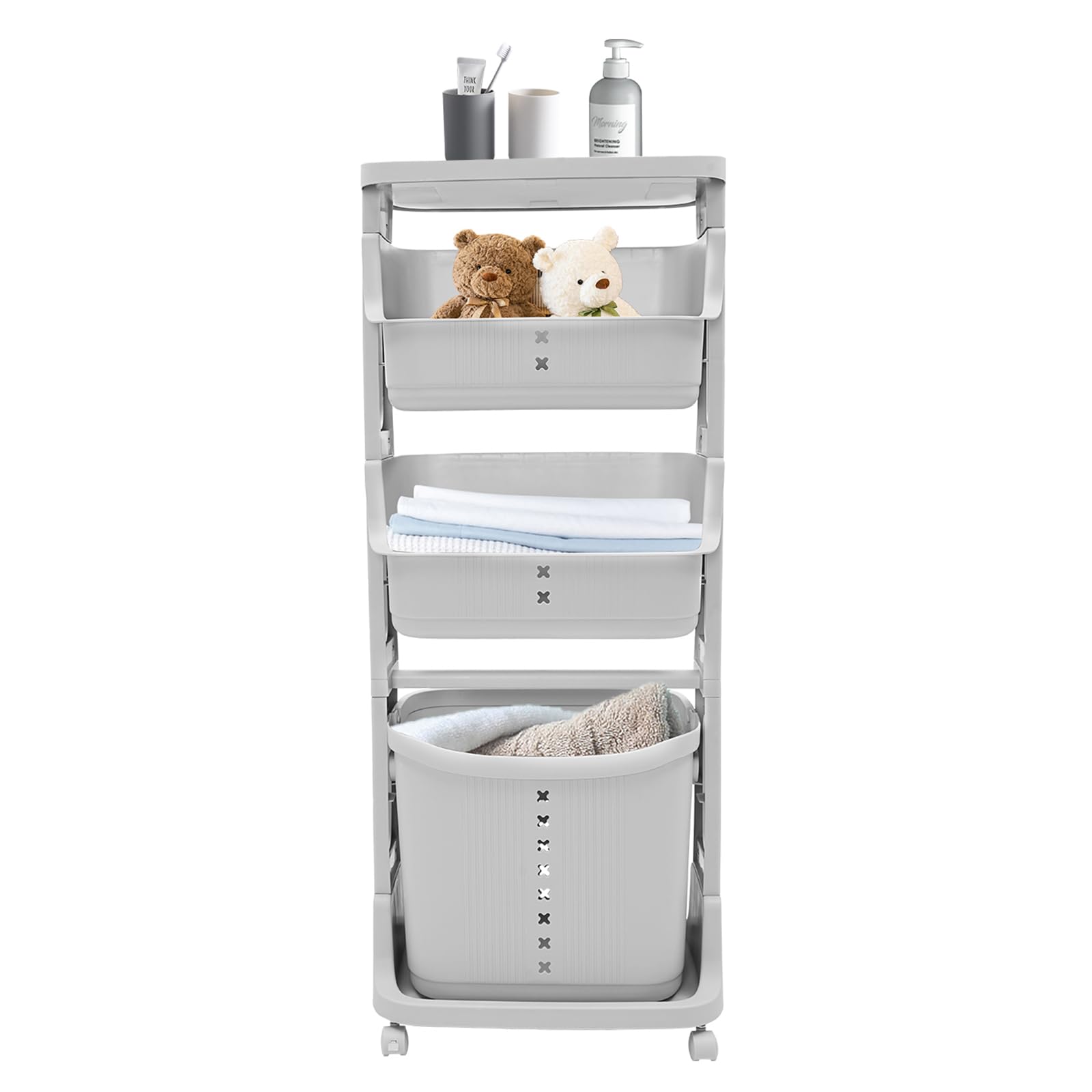 4 Fächer Wäschekorb mit Rollen, Aufbewahrungswagen Wäschesammler Laundry Baskets Grau für Badezimmer Schlafzimmer Kinderzimmer 43 * 29 * 115.5cm