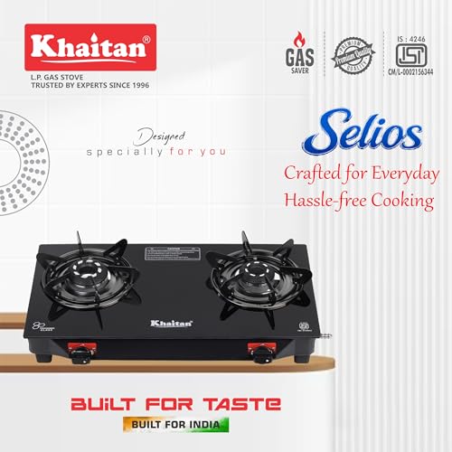 Image of Khaitan 2 Burner Selios Black Manual Gas Stove Toughened Glass, Alloy Premium Burners, ISI Marked with 1 Year Warranty.