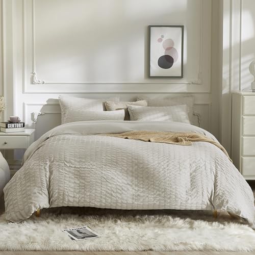 Image of JELLYMONI Beige Duvet Cover Queen Size, 3pcs Washed Microfiber Bedding Set, Soft Breathable Seersucker Duvet Cover Set with Zipper Closure and Corner Ties for All Seasons