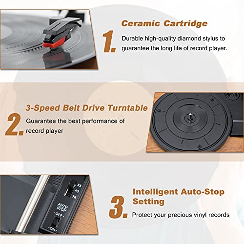 Lp&No.1 Bluetooth Vinyl Record Player With External Speakers, 3-Speed Belt-Drive Turntable For Vinyl Albums With Auto Off And Bluetooth Input, Yellow Wood #TOP4