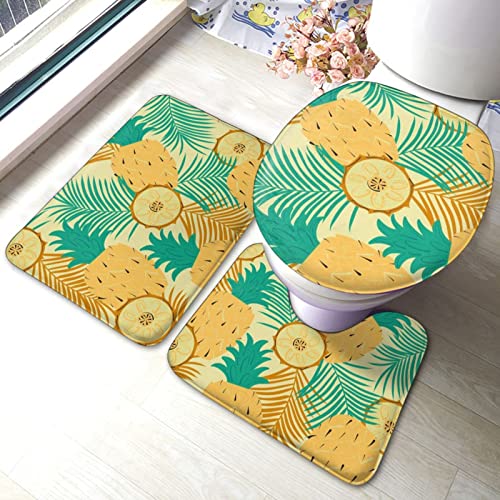 DIRYKILP Badematte + Konturmatte + Toilettendeckelbezug, Ananas Palm Art 3 Stück Badematten Set, mit rutschfester Klebeunterseite