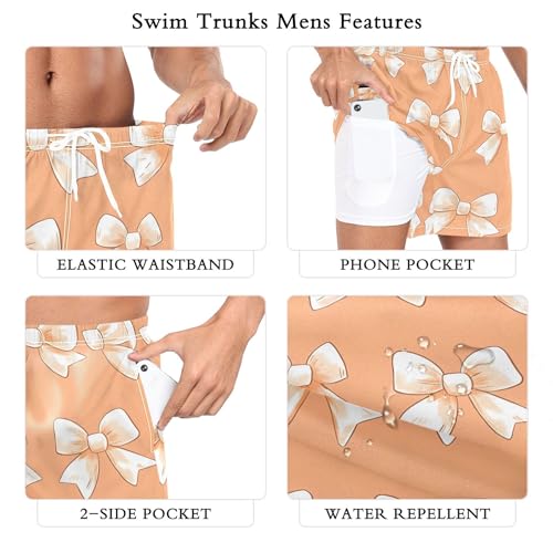 xigua White Bows Mens Swim Trunks with Liner, 5 inch Quick Dry Mens Boardshorts for Beach3