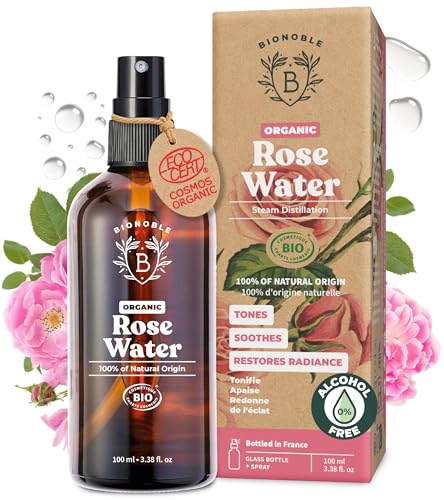 BIONOBLE Organic Rose Water Spray - Tonifies Calms Boosts Radiance - 100% Natural Hydrolat Alcohol-Free - Vegan Rose Water for Face Hair Eye Contour Body - Glass Bottle - 100ml
