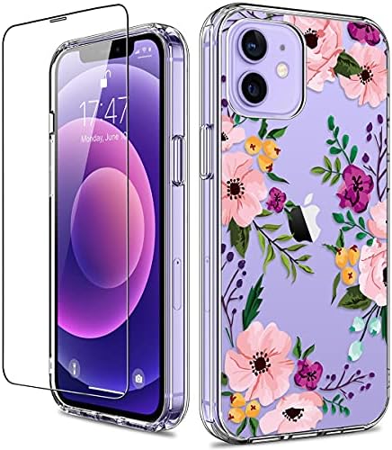 GiiKa for iPhone 12 Case, iPhone 12 Pro Case with Screen Protector, Clear Full Body Protective Floral Girls Women Shockproof Hard Case with TPU Bumper Cover Phone Case for iPhone 12, Small Flowers