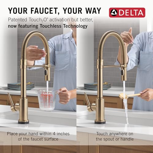 Image of Delta Trinsic Pro Touchless Commercial Style Kitchen Faucet with Touch Technology, Gold Spring Kitchen Sink Faucet with Pull Down Sprayer, Champagne Bronze 9659TL-CZ-DST