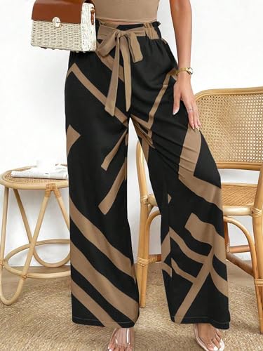 MakeMeChic Women's Belted Paperbag Elastic High Waist Palazzo Pants Printed Casual Wide Leg Pants4