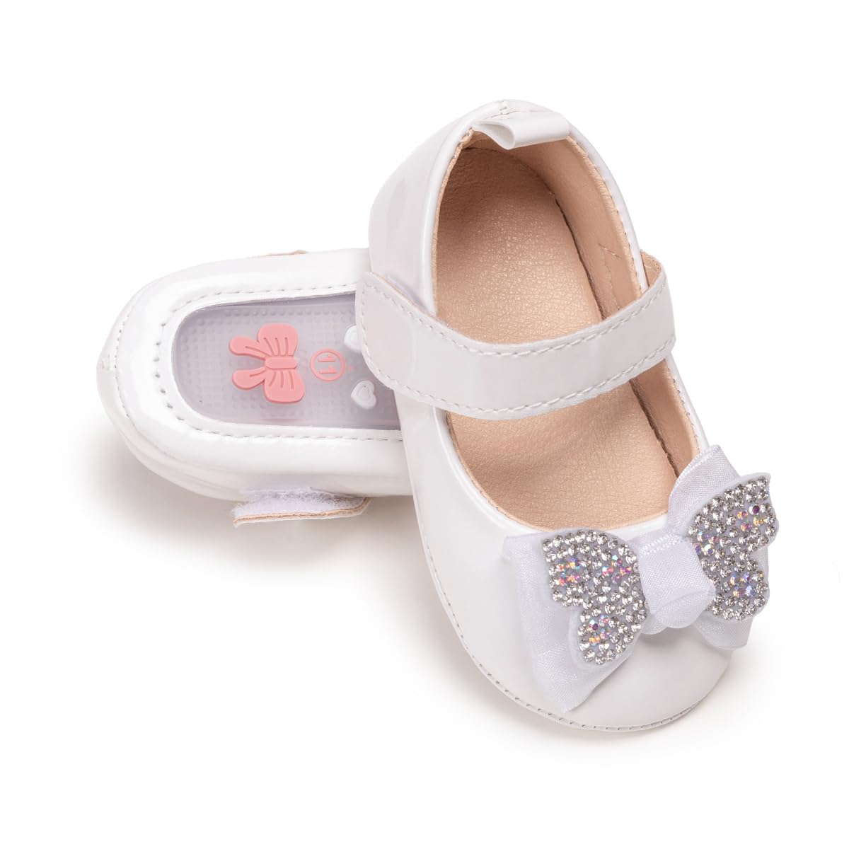 KIDSUN Infant Baby Girls Mary Jane Shoes Non-Slip Rubber Sole Ballet Slippers Princess Dress Wedding Shoes Newborn Crib Shoes First Walkers Shoes E-White