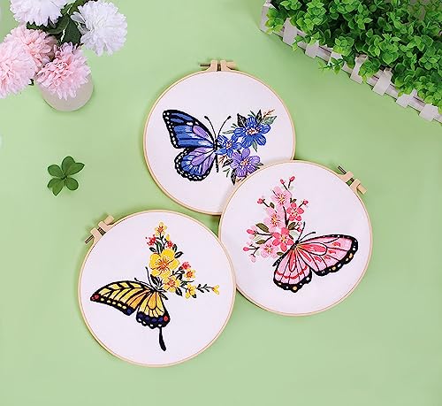 Image of GLTAYLMY 3 Sets Cross Stitch Kits with Beautiful Flower Pattern, Stamped Embroidery Kits with 3 Embroidery Clothes, Needles and Color Threads, 1 Embroidery Hoop