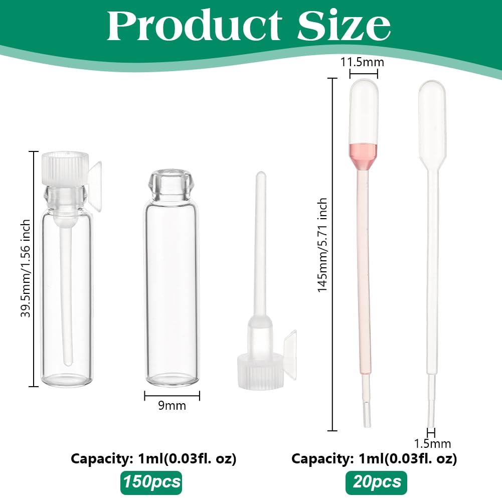 OLYCRAFT 150 mini botellas de perfume de vidrio vacías de 1 ml, mini frascos de perfume recargables con tapa de plástico blanco, botellas de muestra de perfume para viajes y fiestas