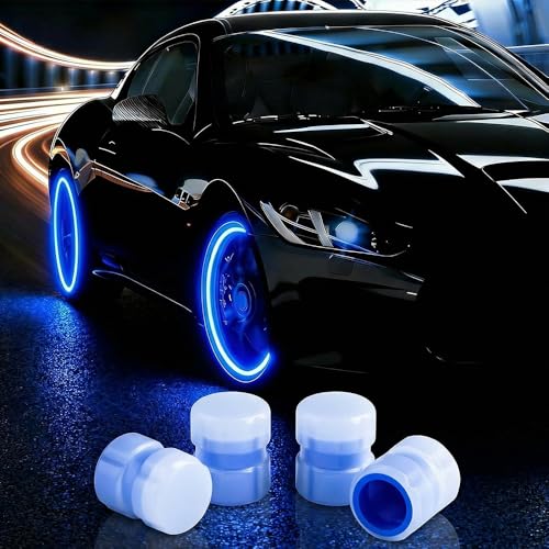 Glow in the Dark Tire Valve Caps Fluorescent Stem Caps for Car SUV Truck Motorcycle Bicycle Night Visibility Air Valve Cover Accessories Durable Leak Resistant Design (Blue 4pcs)