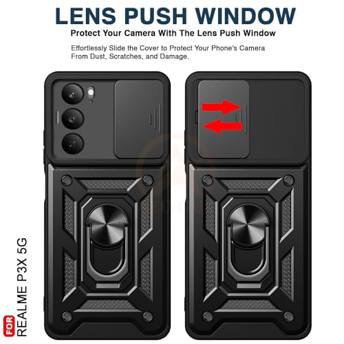 Image of Armor Bumper Back Cover Case for Realme P3x 5G Rotating Camera Cover, Ring Holder & Kickstand | Heavy Duty & 360 Degree Protection Realme P3x 5G Back Cover (Black)