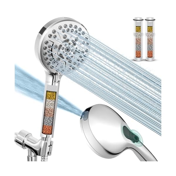 High Pressure 10-Mode Handheld Shower Head - Built in Power Wash for Clean, Replaceable Filter Soften Hard Water Remove Chlorine, 60 Inches Hose, Overhead Bracket, Anti-Clog Nozzle (Chrome)