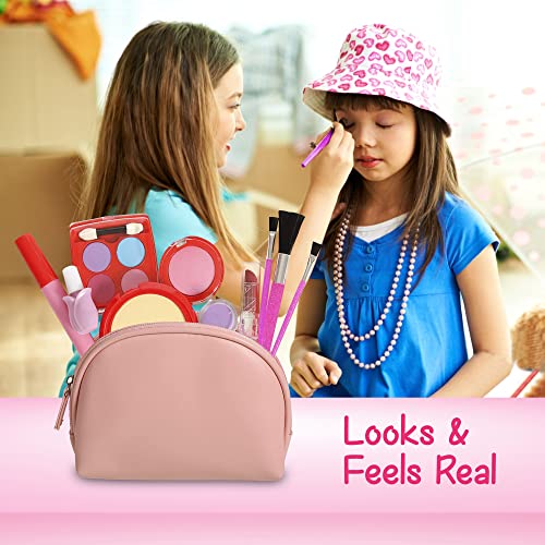 DRESS 2 PLAY Pretend Makeup Kit for Girls, 11 Piece Play Makeup Set with Leather Look Bag and Mirror Toy Makeup Set for Toddlers
