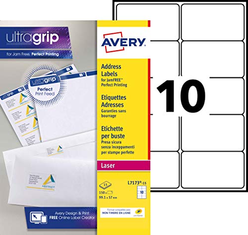 Avery Étiquettes Adresse Autocollantes Blanches 99,1 x 57 mm L7173-15 - Pack de 150 - Impression Laser Anti-Bourrage