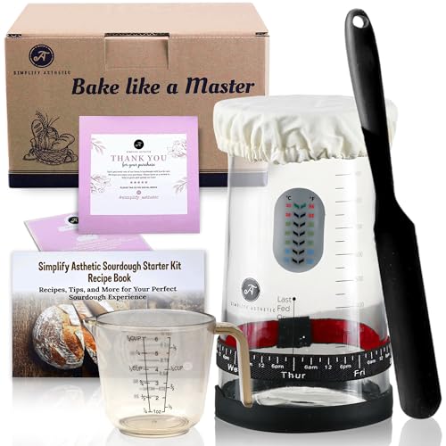 Large Sourdough Starter Jar Kit 900ml – Glass Jar for Sourdough Starter with Date Marked Feeding Band, Bread Lame, Measuring Cup, Silicone Spatula & Cloth Cover – Easy to Use Home Baking Supplies