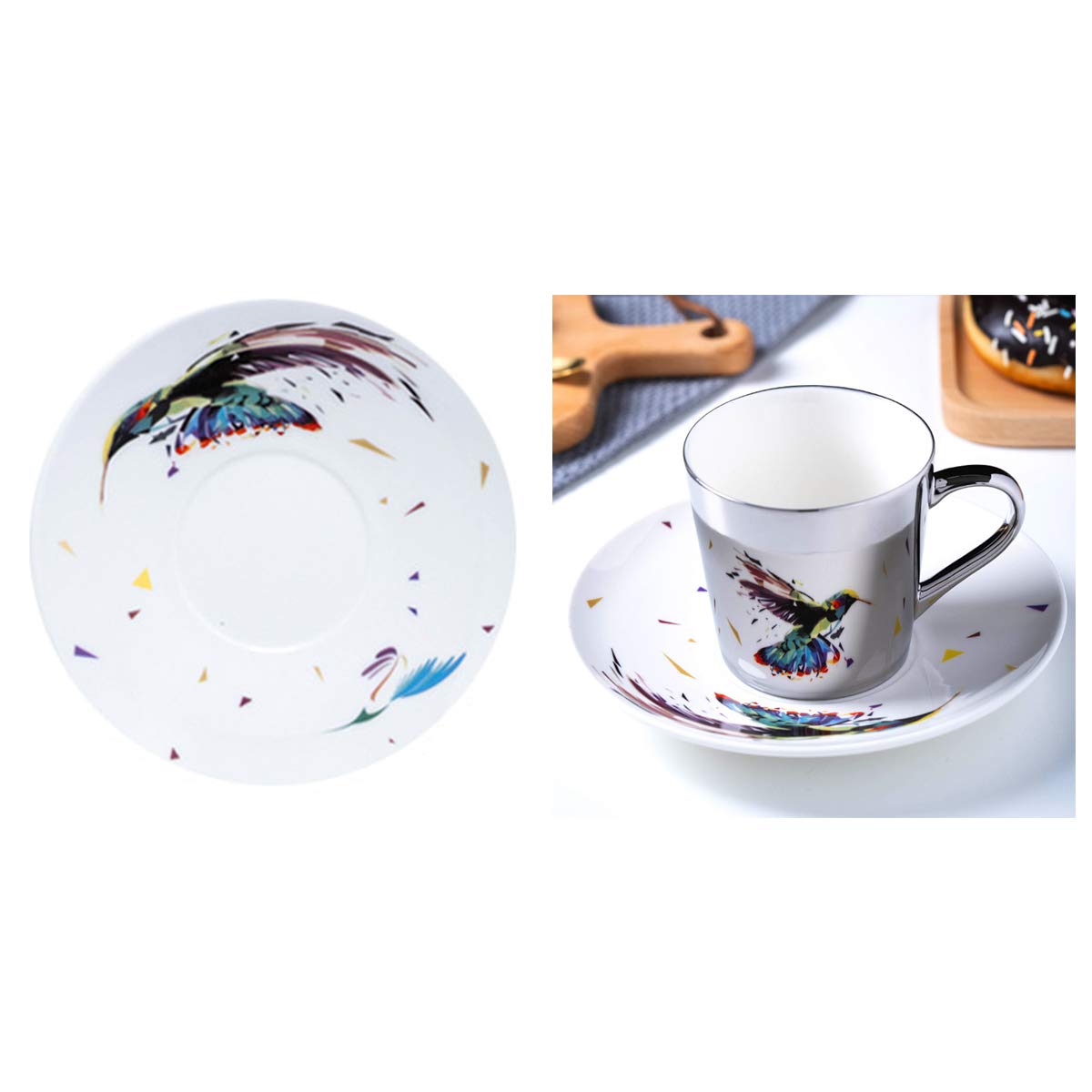 fanquare Porseleinen koffiemok met gouden vulling, roze en vogel lotusbloem theekop, set met mok en schotel, blauw
