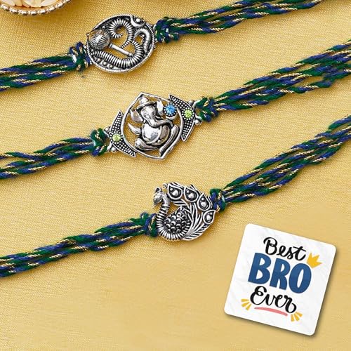 Image of eCraftIndia Set of 3 Lord Ganesha, Peacock, Om with Mace Rakhis, Best Bro Ever Fridge Magnet with Roli Chawal Pack - Rakhis for Brother, Bhabhi, Kids