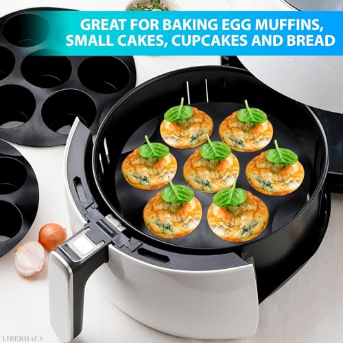 Image of Skytail Silicone Air Fryer Muffin Pan - 7 Cups Regular Cupcake Pan, Non-Stick for Making Cakes, Tart, Bread - Round Pudding Recipe