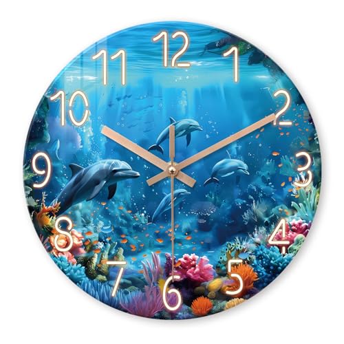 Image of XFM Blue Ocean Wall Clock 12 Inch Beach Themed Dolphin | Battery Operated Tropical Nautical Modern Glass Decorative for Living Room Bedroom Kitchen Office Silent Non Ticking