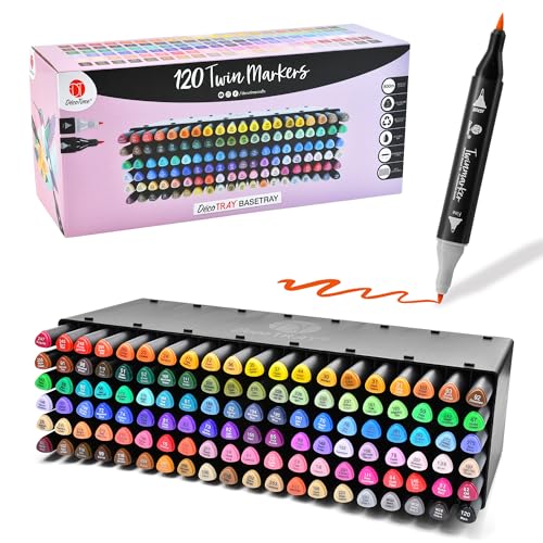 Deco Time Twin Alcohol Markers with Stackable Alcohol Marker Storage Tray - 120 Dual Tip Fine & Brush Markers - Coloured Marker Pens for Adults Kids - Quick Dry Art Supplies for Drawing & Colouring