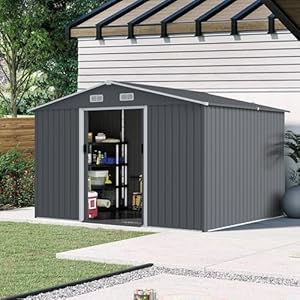 Ball Cast 8×10 FT Outdoor Storage Shed Heavy Duty Metal Sheds with Sloping Roof and Sliding DoorsWaterproof Tool Sheds with Punched Vents for GardenBackyardLawnEasy to AssembleGrey