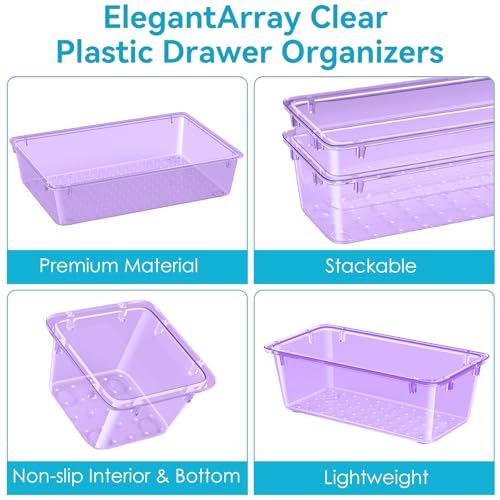 Image of ElegantArray 12-Piece Drawer Organizer Set, 4 Sizes Versatile Plastic Vanity Organizer for Makeup, Stationery, Gadgets, in Kitchen, Bathroom, Office, and Bedroom, Purple