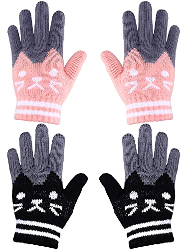 SATINIOR 2 Pares Guantes de Punto para Niños 6-12 Años Guantes de Invierno de Gatos Lindos Guantes Térmicos, Negro y Rosa