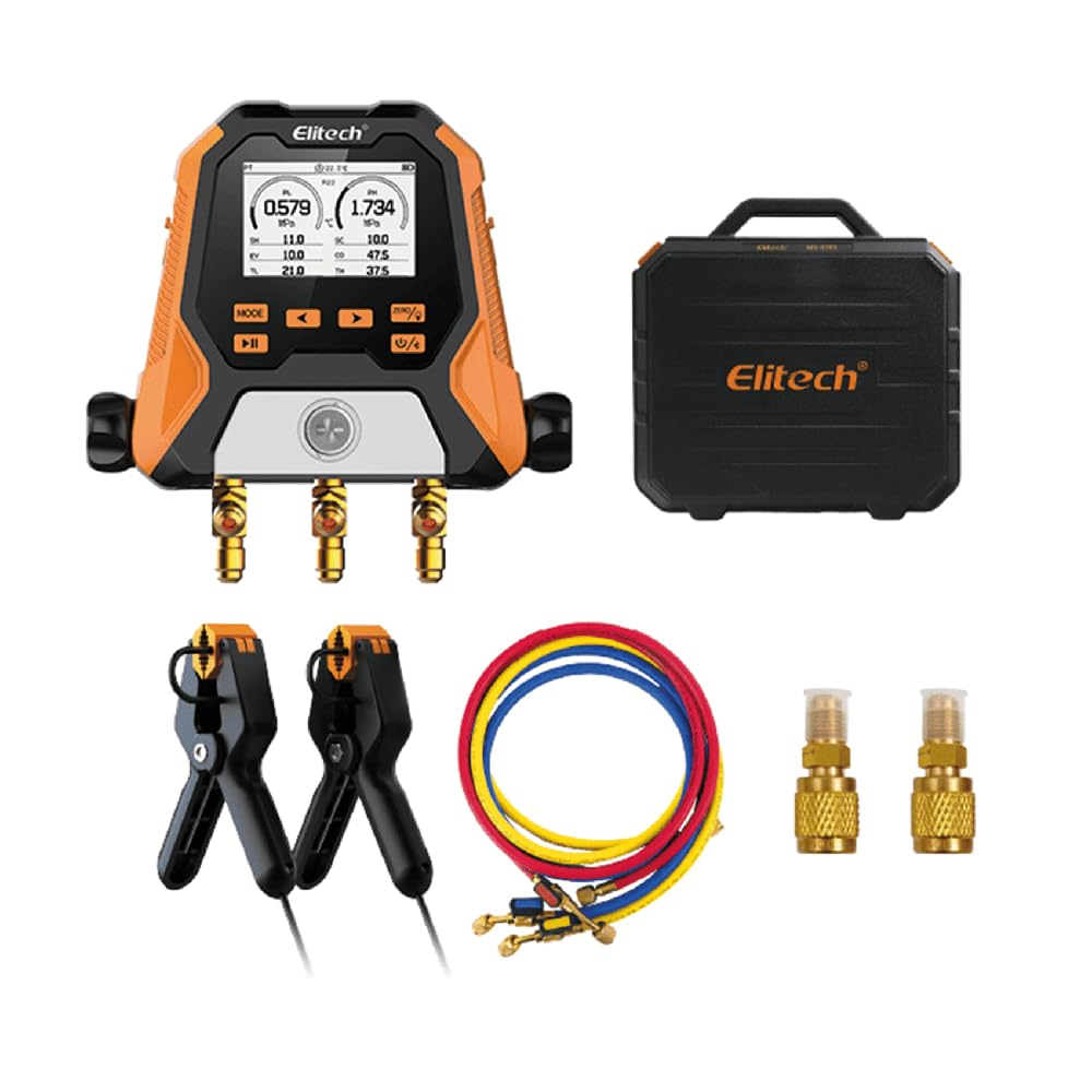 Elitech MS-810S - Manómetro digital inteligente de 2 vías, grupo manométrico Bluetooth para aire acondicionado, 140+ refrigerantes, kit de medición de temperatura/presión/vacío con tubos y pinzas en
