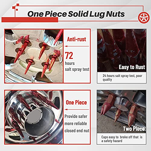 Image of MIKKUPPA M14x1.5 Wheel Spike Lug Nuts, 32 PCS Red Spiked 14mmx1.5 Solid 4.4 inch Tall Acorn Lug Nuts with 1 Socket Key Replacement for Chevy Silverado 1500 2500 3500, F-150 F-250 F-350