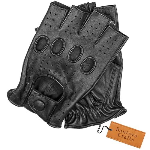 Bantoro Crafts Guantes sin Dedos de Piel de Oveja Negra de Primera Calidad: cómodos, duraderos y Ajustables para Ciclismo (Small)
