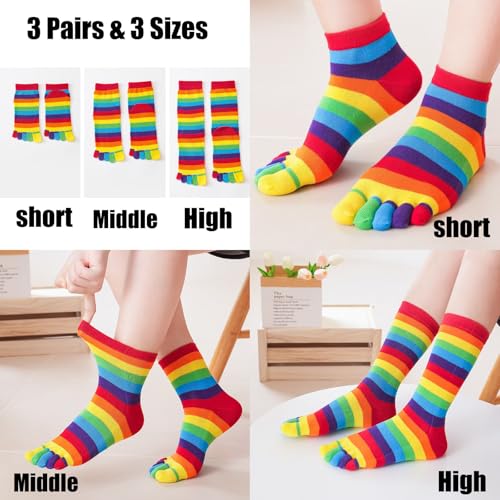 3 Pairs Cotton Five Finger Socks Rainbow Stripe Toe Socks Athletic Casual Ankle Crew Calf High Split Socks for Women Girls2