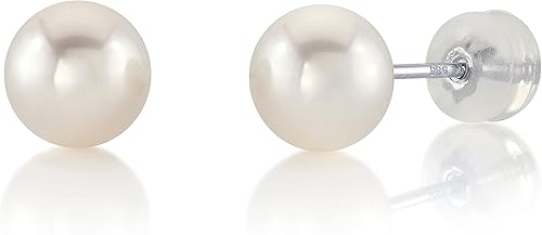 THE PEARL SOURCE Aretes redondos de perlas reales de agua dulce blancas para mujer, aretes de oro de 14 quilates Aretes hipoalergénicos con perlas