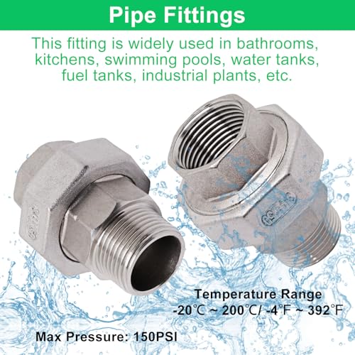 Image of 2Pcs Cast Pipe Fittings Union, 3 /4 inch NPT Male x 3 /4 inch NPT Female Thread 304 Stainless Steel Hex Head for Industrial, Class 150