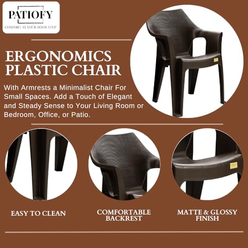 Image of Patiofy Plastic Chair for Home & Outdoor Use | Heavy Duty Comfortable Chair with Strong Legs | Stackable, Easy to Clean | Suitable for Living Room, Balcony, Patio Pack of 2 (Oxford Brown)