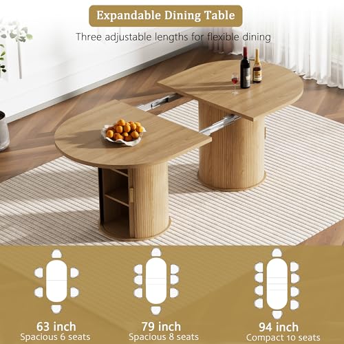 Image of 63 inch-94 inch Large Oval Extendable Dining Table for 6 8 10, Wooden Expandable Kitchen Table with Fluted Cylindrical Storage Base, Modern Farmhouse Expanding Table for Dinner Party Family Gathering, Natural