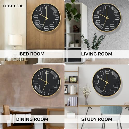 Image of TEKCOOL Plastic Digital Wall Clock 12 inch Silent Quartz Decorative Non-Ticking Classic Clock Battery Operated Round Easy to Read for Room /Home /Kitchen /Bedroom /Office /School-(Black Gold)'