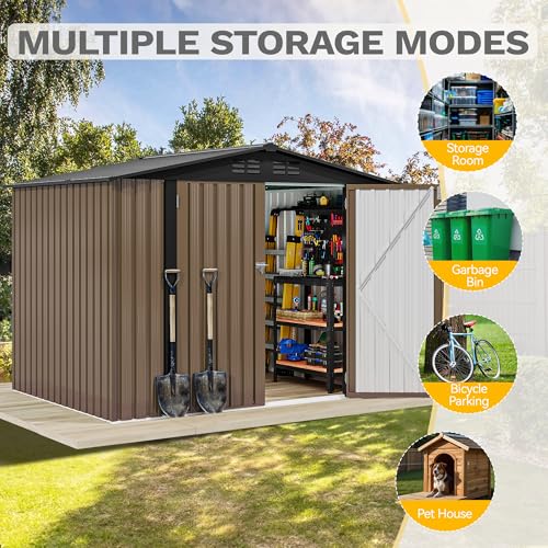 Image of DWVO 7x5ft Metal Outdoor Storage Shed, Waterproof Tool Shed Heavy-Duty Storage Unit with Lockable Door and Vents, Ideal for Bicycles, Tools, Lawnmowers, Backyards, Patios, Lawns - Brown