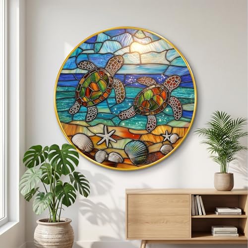 Image of SAF Sea Turtle Wall Painting with Golden PVC Frame Round Ocean Art Colorful Marine Theme Decor for Living Room Bedroom Office Home Decorative Luxury Gift Item (16 x 16 Inch) GRM-357