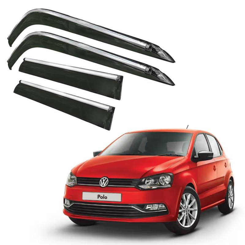 Image of CAR SAAZ Side Door Visors for Polo (2009-2022)(Set of 4Pcs)|Chrome Lined Rain Guards, Polycarbonate, Smoke Finish
