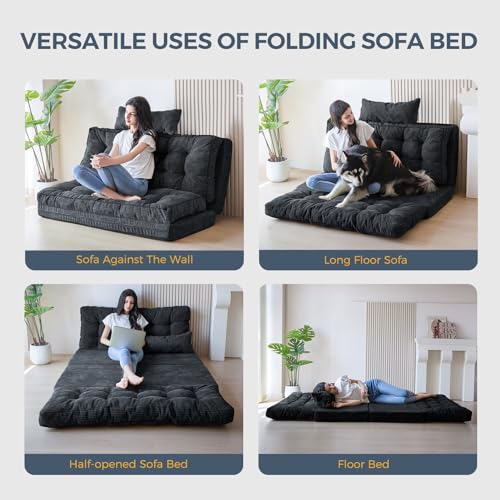 Image of MAXYOYO Folding Sofa Bed, Tufted Bean Bag Bed with Pillows Floor Couch for Adults, Extra Thick and Long Floor Sofa, Twin Couch for Bedroom Living Room, Black, 39x91 Inch