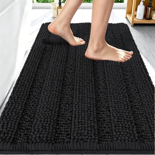 Image of Smiry Thick Chenille Bathroom Rugs 30x20, Extra Soft Absorbent Striped Bath Mat, Machine Washable, Rubber Backing, Bath Rugs for Tub & Shower, Modern Home Decor Accessories, Black