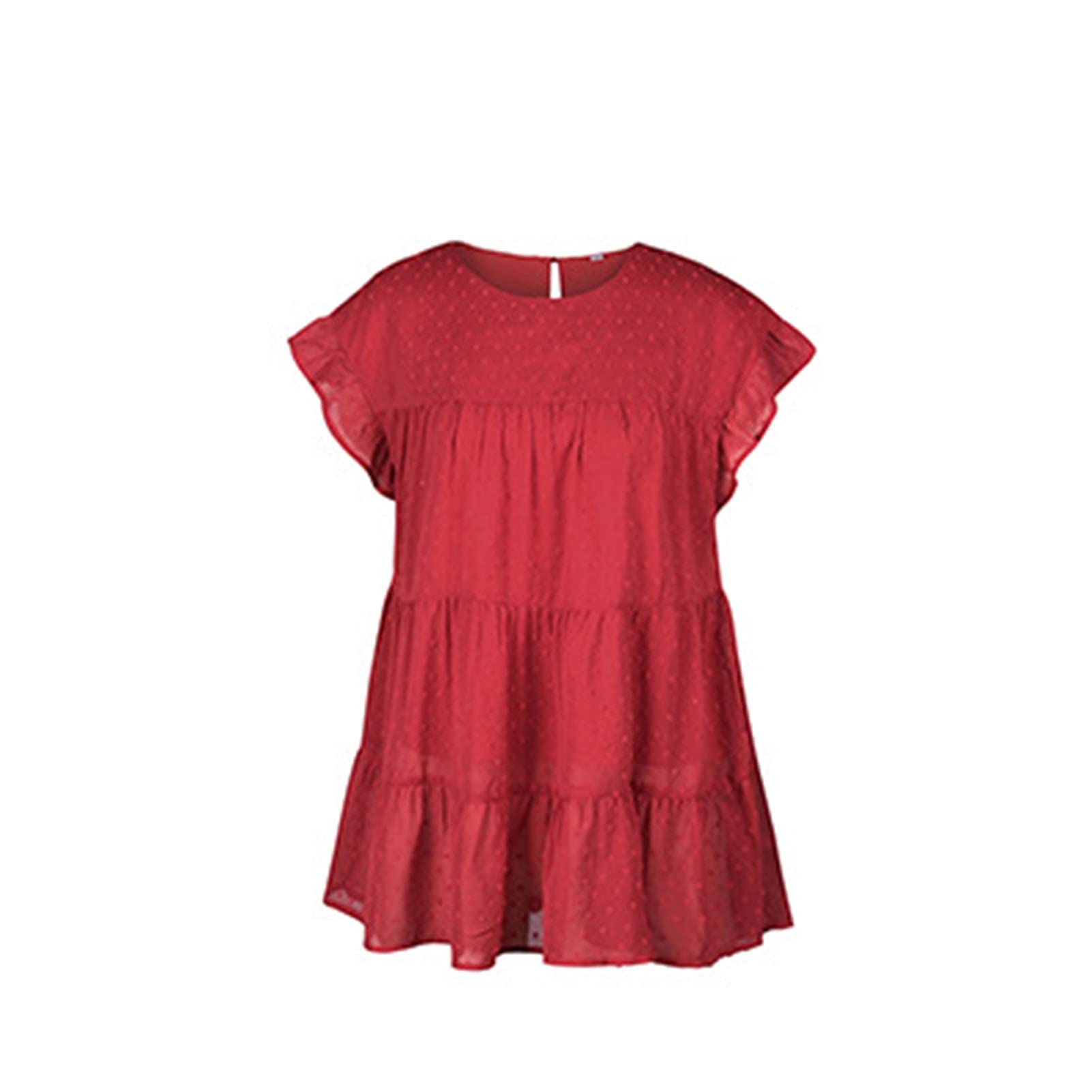 Summer chiffon top-pompom casual shirt, stylish round neck top, solid color loose T-shirt s-xl size (Color : Red, Size : L)