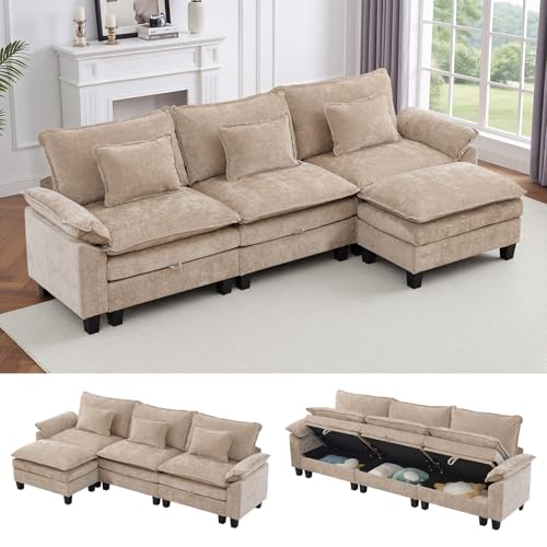 Image of IPKIG 117 inch Modular Cloud Couch with Storage, L Shaped Sectional Sofa with Ottoman & Pillow, Chenille Deep Seat Sectional Couches for Living Room, Apartment, Khaki