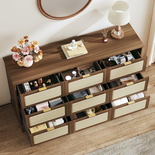 Image of HUAHUU 9 Drawer Dresser for Bedroom, 60 Inch Long Dressers & Rattan Chest of Drawers, Boho Style, Large TV Stand for 55, 65, 70 Inch TV, for Bedroom, Living Room, Entryway, Hallway, Walnut
